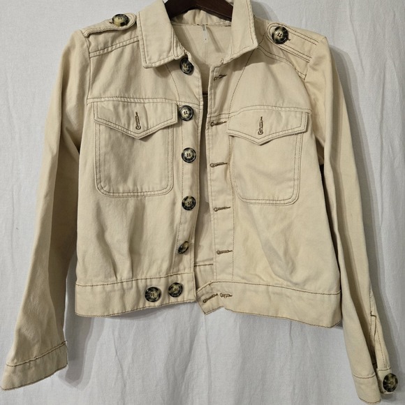 Free People Women Ivory Eisenhower Denim Crop Trucker Jacket Size S‎ - Picture 4 of 8